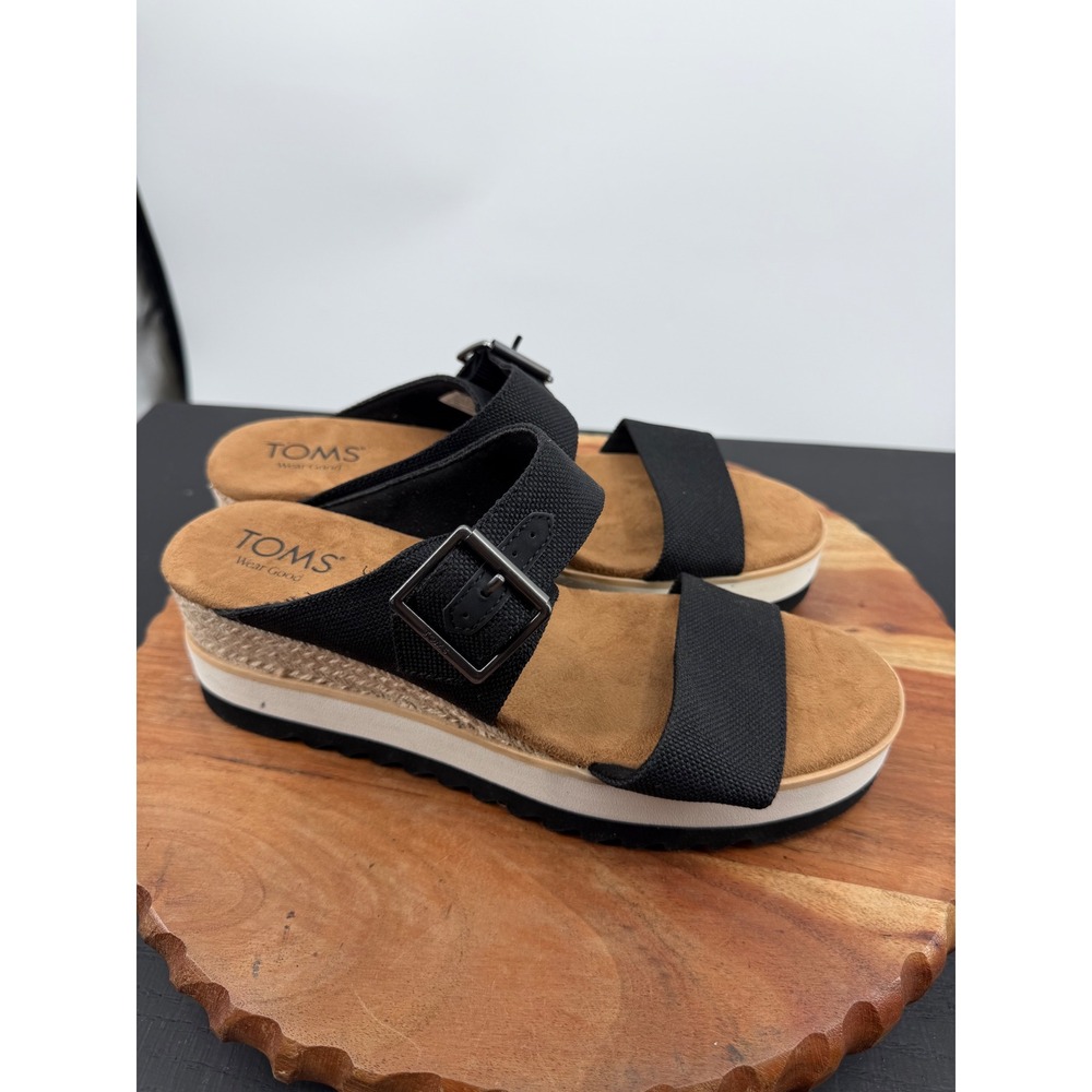 TOMS Diana Platform Sandals Women 8.5 Black Espadrille Wedge Buckle Strappy